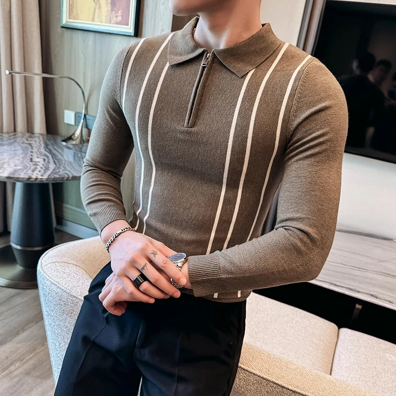 Men's Striped Zipper Collar Sweater with Flip Collar, Knitted Polo Style, Slim Fit