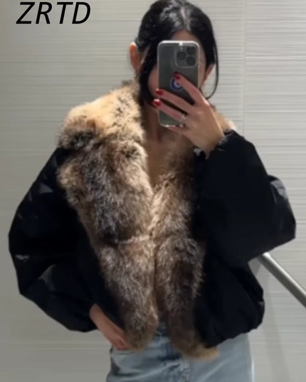 ZRTD Women's Faux Fur Patchwork Cropped Loose Lapel Jacket/Vest