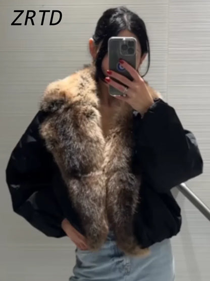 ZRTD Women's Faux Fur Patchwork Cropped Loose Lapel Jacket/Vest