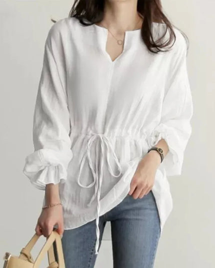 Women's Long Sleeve Blouse with U-Neck, Drawstring Waist