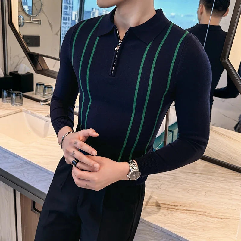 Men's Striped Zipper Collar Sweater with Flip Collar, Knitted Polo Style, Slim Fit