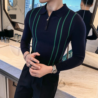 Men's Striped Zipper Collar Sweater with Flip Collar, Knitted Polo Style, Slim Fit