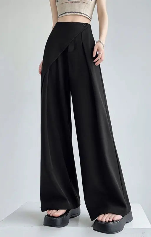 Black wide-leg pants worn by a person on a plain background with text in Chinese.