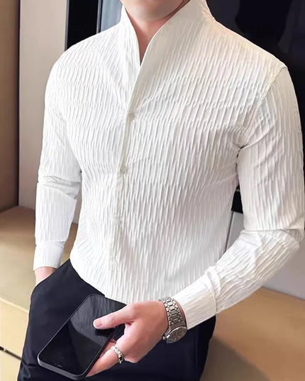 Men’s Slim-Fit Long-Sleeve Shirt with Stand Collar, Textured Fabric, and Embroidery