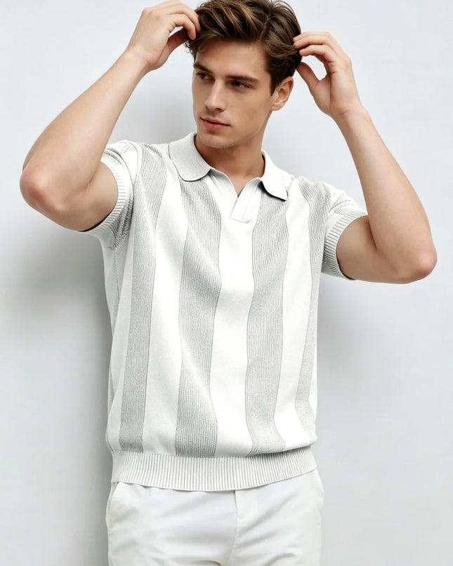 Men's Knit Polo T-Shirt with Vertical Stripes and Lapel