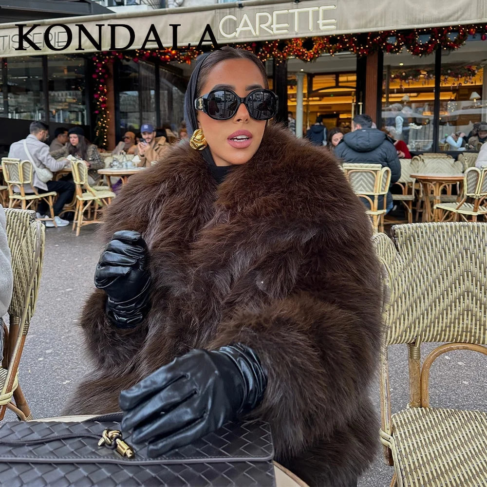 KONDALA Women's Faux Fur Turn-Down Collar Elegant Jacket