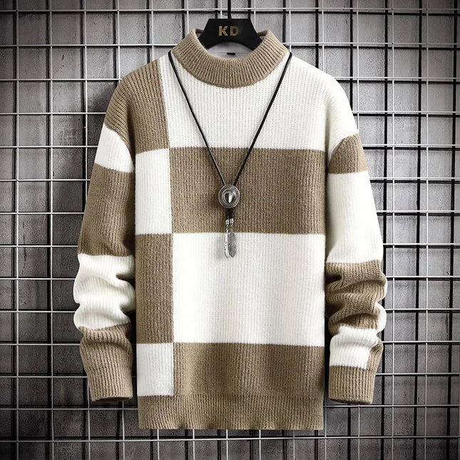 Men's Casual Patchwork Knitted Plaid Sweater with Round Neck - Stylish Block Design