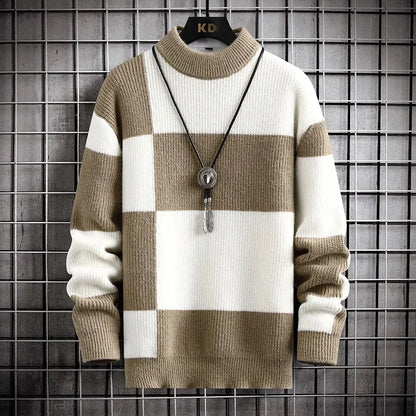 Men's Casual Patchwork Knitted Plaid Sweater with Round Neck - Stylish Block Design