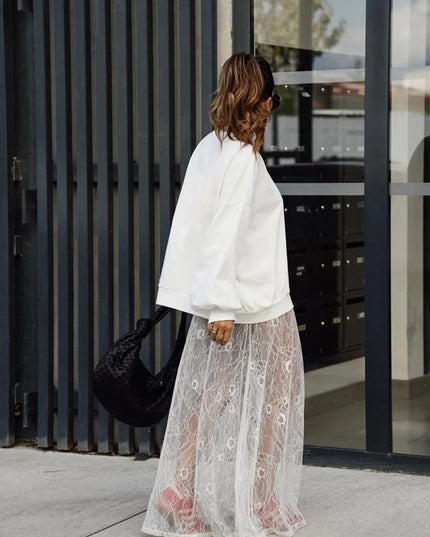 Elegant Jacquard Lace Sheer Maxi Skirt for Women with Elastic Waist and Transparent Design