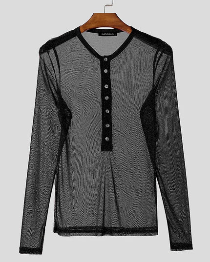 Men's Slim Fit Transparent Mesh Long Sleeve Henley Sweater