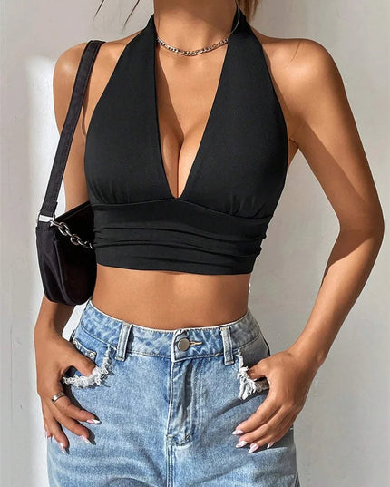 Women's Backless Deep V-Neck Halter Crop Top