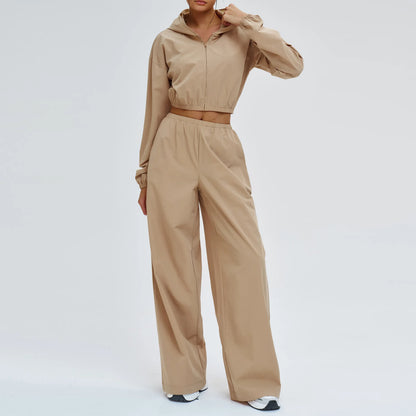 Women’s Two-Piece Set: Zipper Hooded Cropped Jacket and Wide-Leg Pants