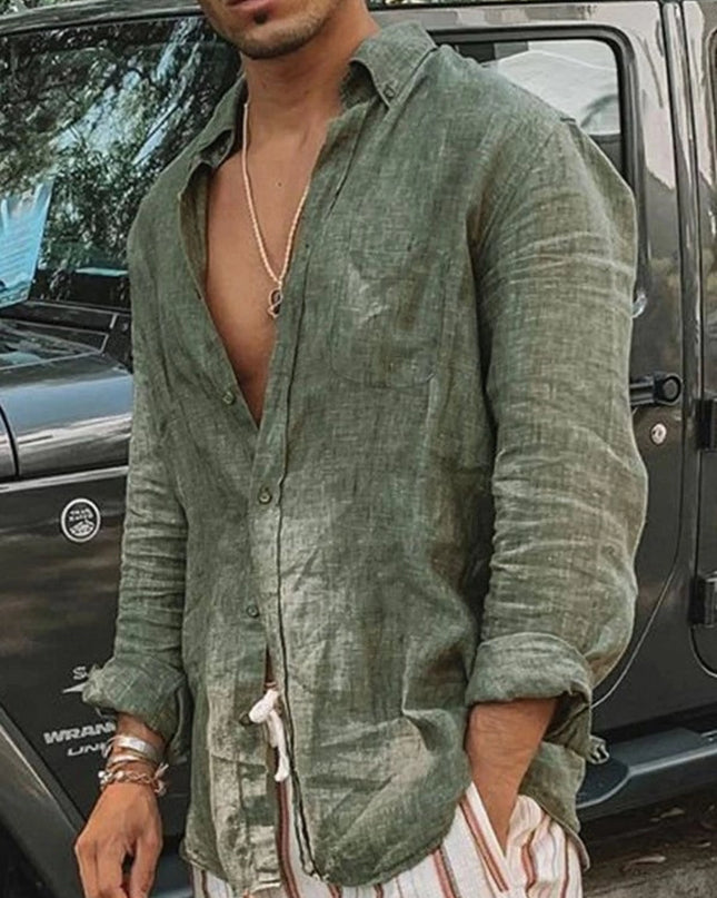 Men's Casual Long-Sleeve Shirt with Lapel
