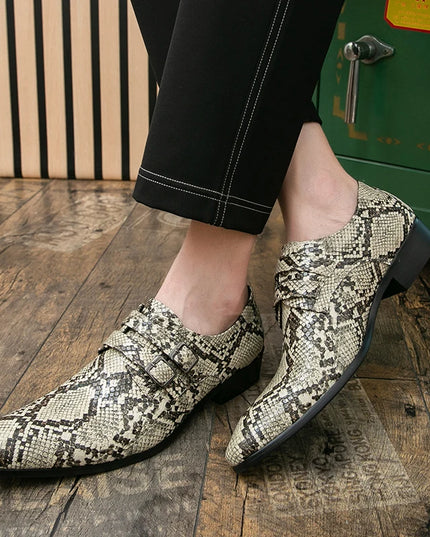 Men's Faux Snake Print Double Buckle Pointed Toe Dress Shoes
