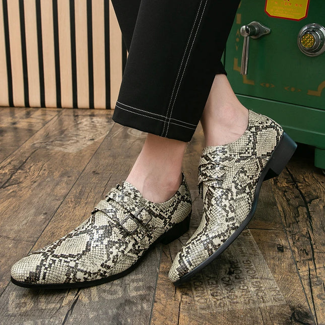 Men's Snake Print Double Buckle Pointed Toe Dress Shoes