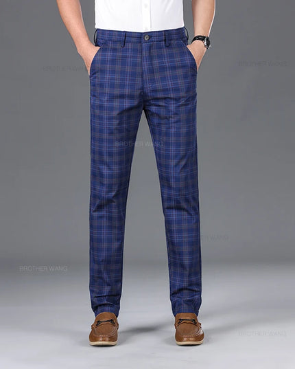 Slim Fit Cotton Plaid Stretch Trousers for Men
