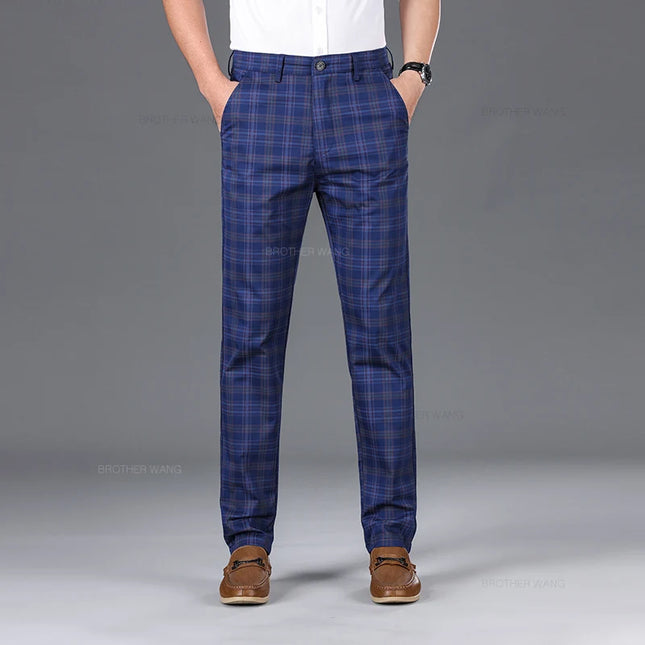 Slim Fit Cotton Plaid Stretch Trousers for Men