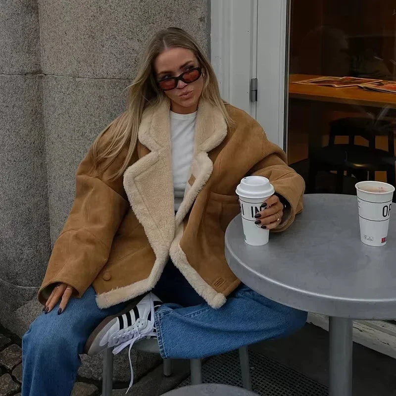 Women's Vintage Wool Lapel Jacket with Thicken Fabric and Pockets