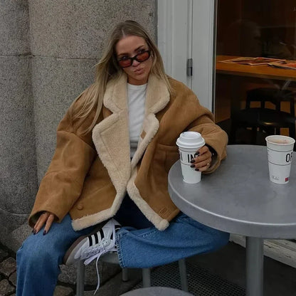 Women's Vintage Wool Lapel Jacket with Thicken Fabric and Pockets