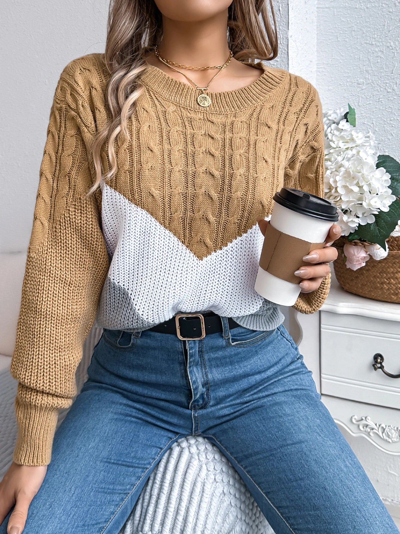 Multi-coloured Patchwork Long Sleeve Knitted Sweater for Women