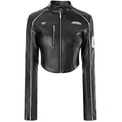 Women's PU Stand Collar Jacket with Zipper, Cropped & Slim Fit Design
