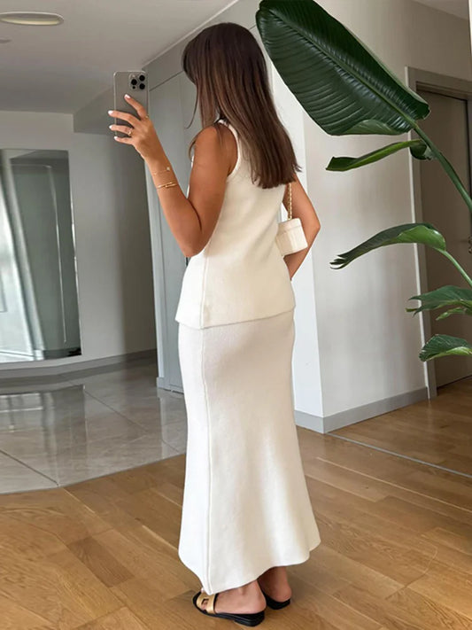 Elegant Women's Two-Piece Slim Waistcoat and Midi Skirt Set