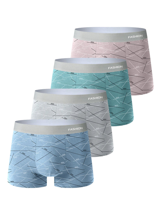 Four pairs of men's boxer briefs in different colors on a white background