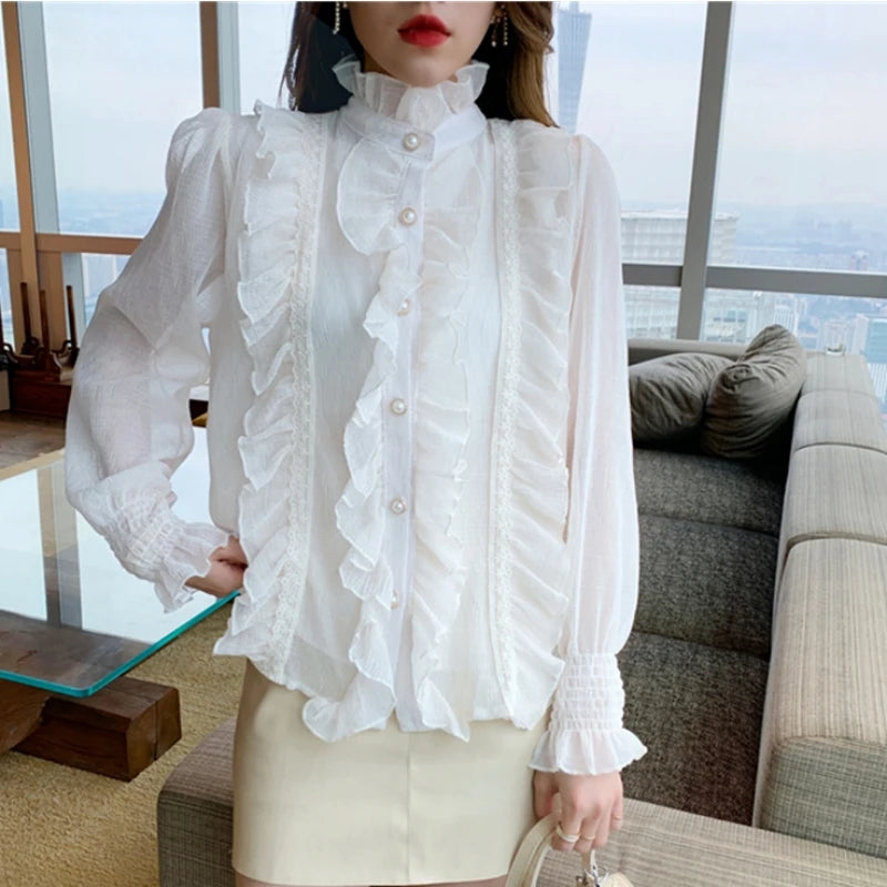 Women's Long Sleeve Loose Button-Front Elegant Stand Collar Ruffle Lace Blouse