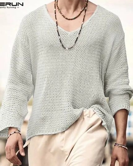 INCERUN Men's V-Neck Sweater with Mesh Design - Various Colors
