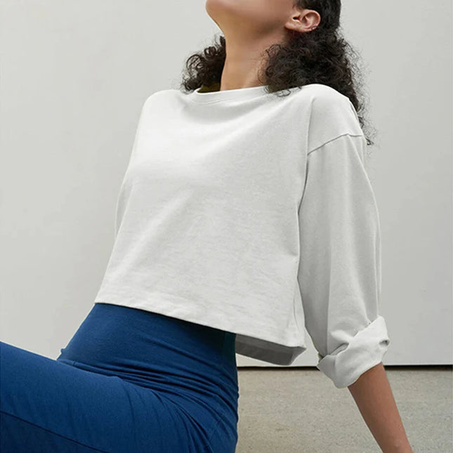 Women's Cotton Casual Long-Sleeved Cropped Loose Sweater