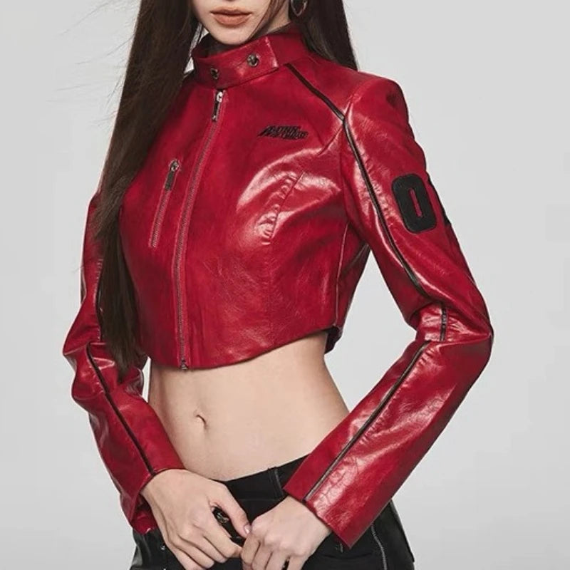 Women's PU Stand Collar Jacket with Zipper, Cropped & Slim Fit Design