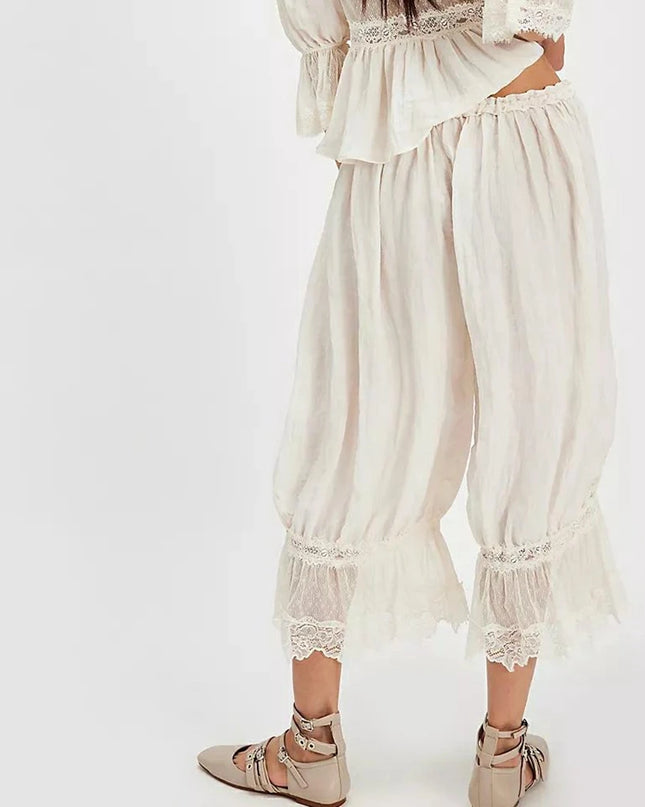 Women's Floral Lace Loose Fit Cropped Pants - High Waist Drawstring Calf-Length Lantern Bloomers