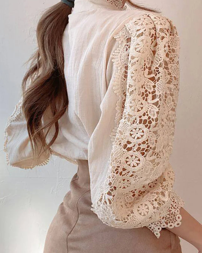 Elegant Women's Chiffon Turtleneck Blouse with Floral Lace Details