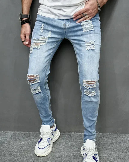 Men's Casual Skinny Ripped Denim Jeans - Stylish Slim Fit Trousers