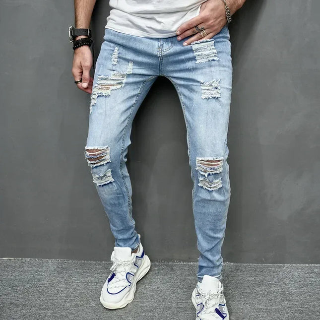 Men's Casual Skinny Ripped Denim Jeans - Stylish Slim Fit Trousers