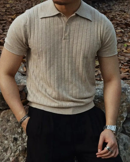Men's Solid Zipper Knitted Polo Shirt with Lapel
