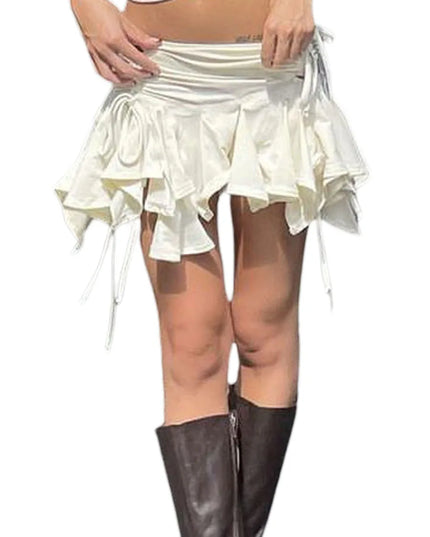 Women’s Irregular Mini Skirt with Drawstring, Tie-Up, Ruched Details, and Ruffles