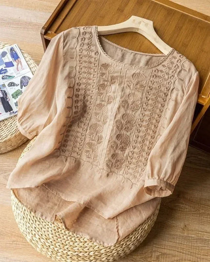 Women's Retro O-Neck Embroidered Half Sleeve Loose Casual Ruched Cotton Blouse