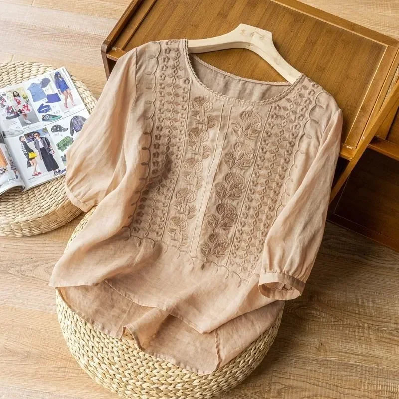 Women's Retro O-Neck Embroidered Half Sleeve Loose Casual Ruched Cotton Blouse