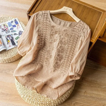 Women's Retro O-Neck Embroidered Half Sleeve Loose Casual Ruched Cotton Blouse