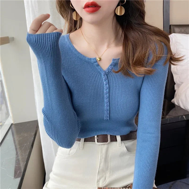 Women's Slim Fit Long Sleeve Knitted Sweater with Elastic Fit