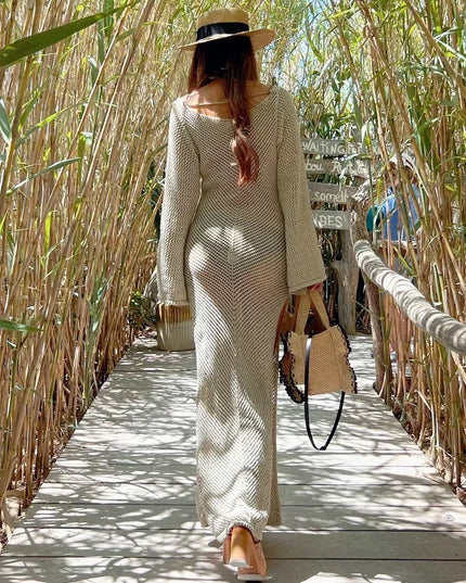 Women's Knit Maxi Dress - Flared Long Sleeve With Side Slit Cover-Up