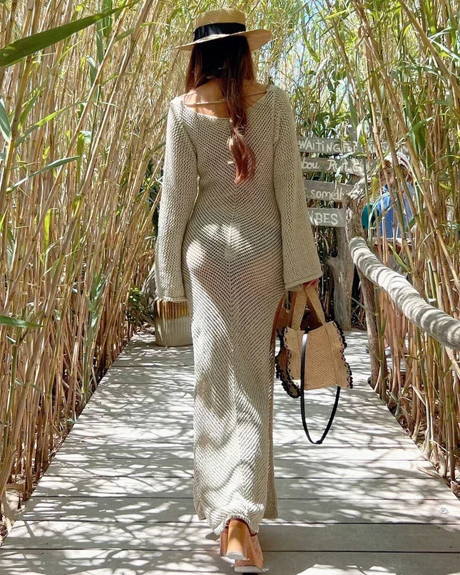 Women's Knit Maxi Dress - Flared Long Sleeve With Side Slit Cover-Up