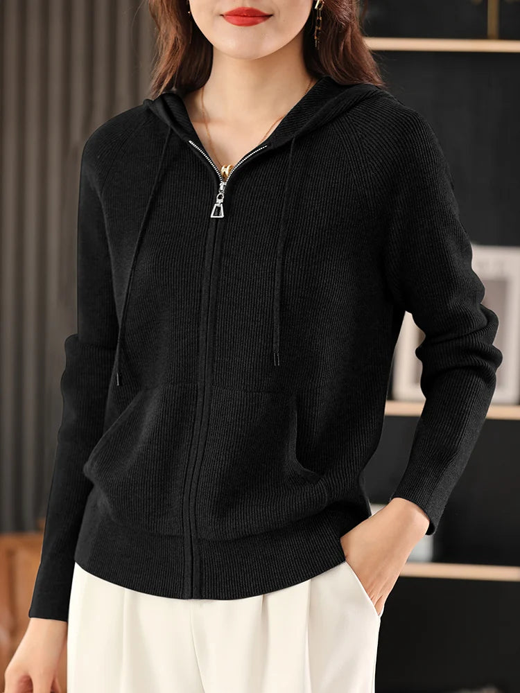 Women's Wool Blend Hoodie Sweater - Thick Knitted Zipper Cardigan with Hood