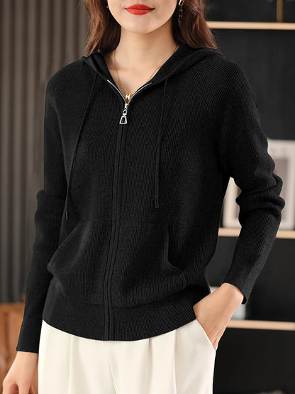 Women's Wool Blend Hoodie Sweater - Thick Knitted Zipper Cardigan with Hood