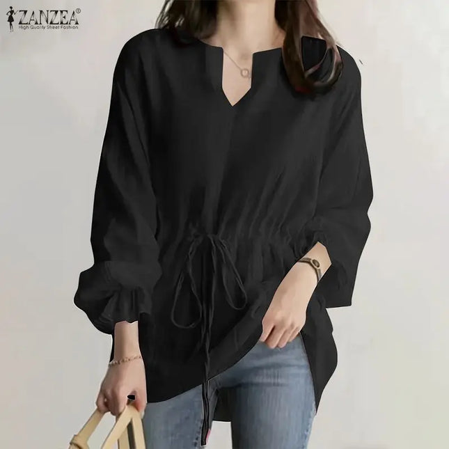 Zanzea Women's Long Sleeve Blouse with U-Neck, Drawstring Waist