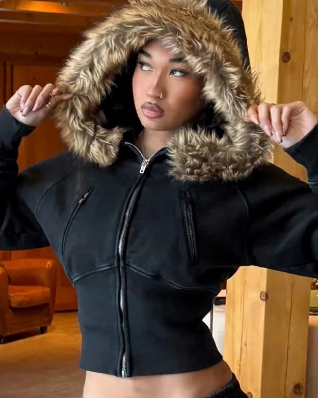 Women's Cropped Hooded Jacket with Faux Fur Trim, Fitted Style, Long Sleeves, and Zipper Closure
