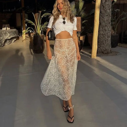 Women's Lace Maxi Skirt - Sheer See-Through Cover Up Skirt