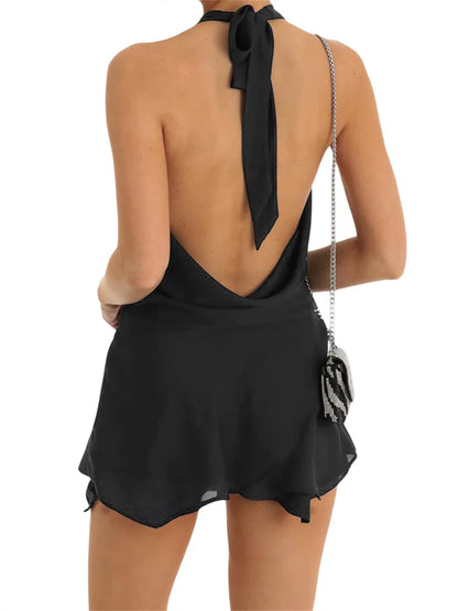 Women's Short Sling Dress - Halter Neck, Low Cut, Backless Chiffon Dress