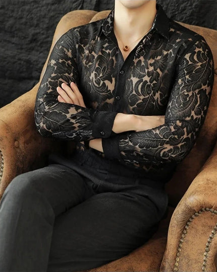 Men's Mesh See-Through Floral Lace Sheer Casual Shirt